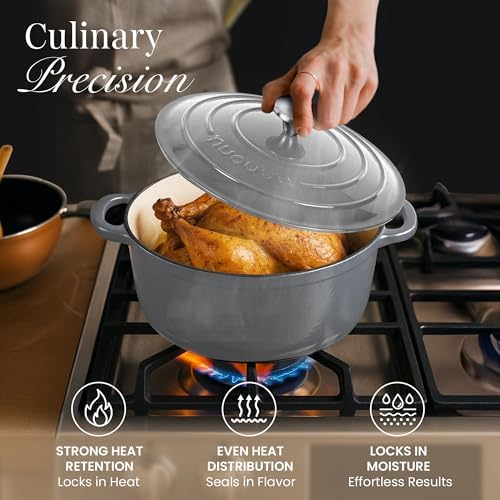 Cast Iron Dutch Oven with Lid - Non-Stick Ovenproof Enamelled Casserole Pot- Sturdy Dutch Oven Cookware - Grey, 7.3- Quart, 30cm- by Nuovva