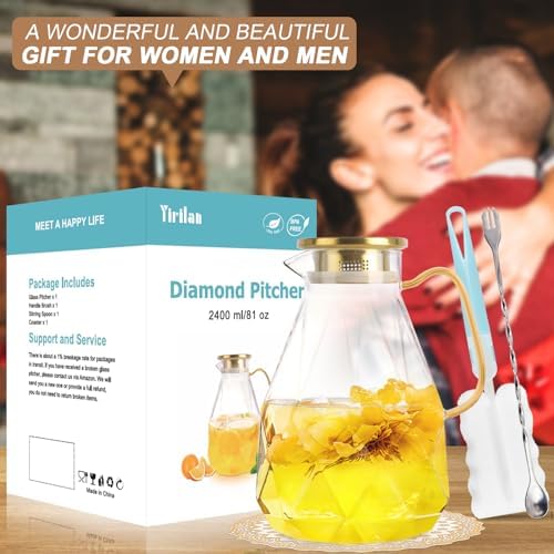 Glass Pitcher, 2.4Liter Water Pitcher With Lid