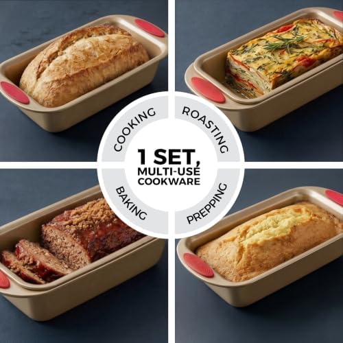 PERLLI Nonstick Meatloaf Pan with Drain Tray, Elevated Inner Pan for Fat and Grease Removal, Easy Grip Silicone Handles, Dishwasher Safe with Heavy-Duty Carbon Steel Bakeware for Even Heating (Brown)