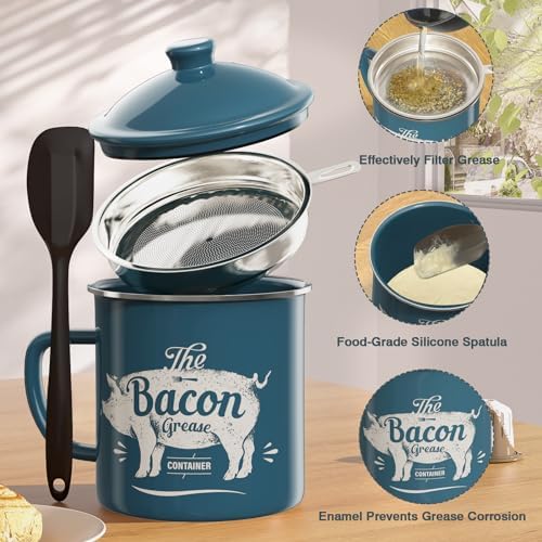 PGYARD Bacon Grease Container with Strainer-46OZ Enamel Keeper with Spatula