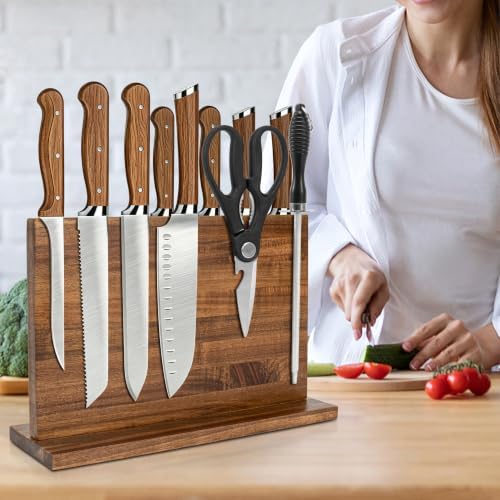 RedCall Magnetic Knife Holder, 16" Double Sided Acacia Wood Knife Block for Kitchen Counter,Strong Magnet Knife Strip for Chef Knife, Large Knife Storage with Non-Slip Base - Fits Up to 12 Knives