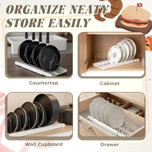 2 Pcs Expandable Pot and Pan Organizer for under Cabinet, Adjustable Lid Holder with 7 Dividers Space-Saving Pan Organizers Storage for Cookie Sheets Cutting Boards Pot Lids Cookware