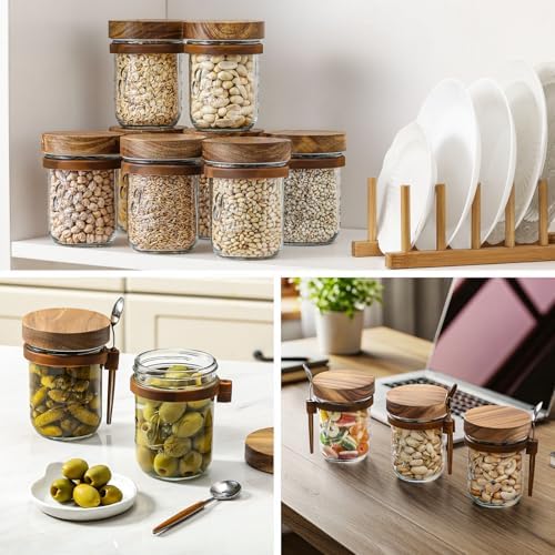 LANDNEOO 4 Pack Overnight Oats Containers with Wooden Lids and Spoons, 16oz Glass Mason Overnight Oats Jars with Lids, Large Capacity Airtight Jars for Milk, Cereal, Fruit