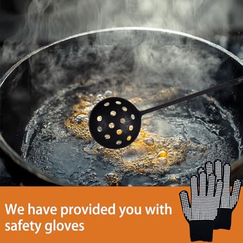 Casting Skimmer with Anti-Slip Gloves – 3.9" Steel Skimmer Ladle with 16.5" Handle for Zinc and Metal Alloys, Molten Metal Skimming Tool for Foundry and Casting