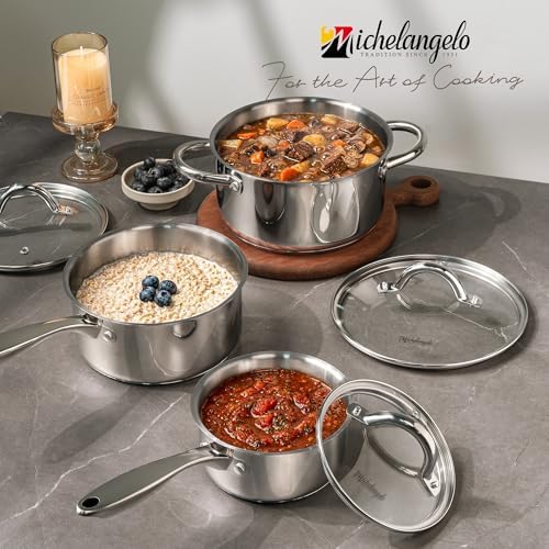 MICHELANGELO Saucepan Set 6pc, 18/10 Stainless Steel Saucepans with Lids, Tri-Ply Bottom, Dual Handle 3QT, Induction Compatible Sauce Pots, 1QT & 2QT & 3QT