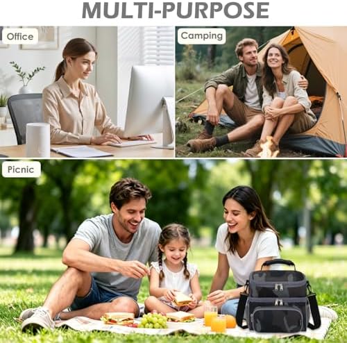 FlowFly Double Layer Cooler Insulated Lunch Bag Adult Lunch Box Large Tote Bag for Men, Women, With Adjustable Strap,Front Pocket and Dual Large Mesh Side Pockets