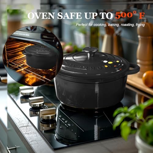 Overmont Enameled Cast Iron Dutch Oven - 7QT Pot with Lid Cookbook & Cotton Potholders - Heavy-Duty Cookware for Braising, Stews, Roasting, Bread Baking GraphiteGray