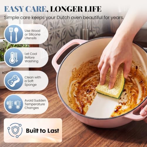 DUMOS Cast Iron Dutch Oven, 6 Quart Pot with Lid, Enameled Heavy Duty Cookware, Oven Safe to 500°F, Perfect for Bread Baking, Stews and Roasting, Moisture Sealing Lid with Dual Handles, Gradient Pink