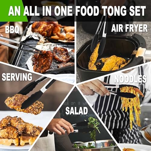 Anaeat Non-Stick Silicone Locking Tong Set of 3 - Stainless Steel 7", 9", 12" Kitchen Food Tongs with Non-Slip Silicone Tips and Grip for Cooking, Baking and BBQ - Heat Resistant up to 480°F (Black)