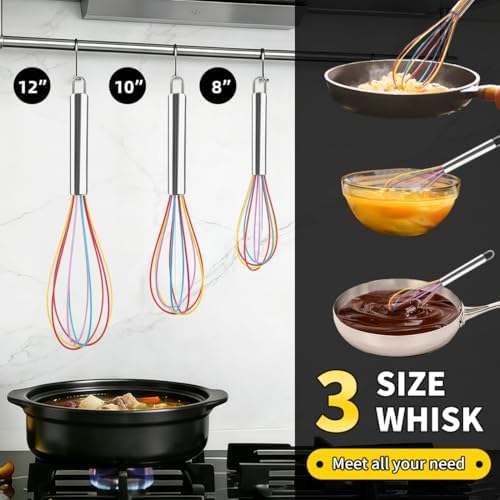 Silicone Whisk Set,Stainless Steel Handle Whisk 8" 10" 12" Rubber Whisks Cooking Non Scratch High Heat Resistant,Balloon Egg Beater for Whisking,Beating,Blending Ingredients,Mixing Sauces,Rainbow