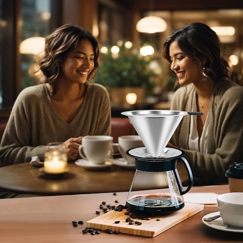 Large Size Pour Over Coffee Dripper, Stainless Steel Coffee Filter, Paperless Reusable Coffee Filter, Double Micromesh 600 Mesh Strainer Coffee Maker with Heat-Resistant Silicone Handle & Base