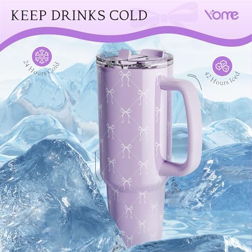 YOME 40oz Elegant Purple Bow Tumbler with Handle and Flip Straw | Stainless Steel Insulated Cute Water Bottle | Keeps Drinks Cold | Dishwasher Safe | Cupholder Friendly | Gift Gym Travel Yoga