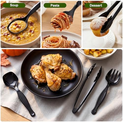48Pcs Disposable Plastic Serving Utensils Set, 16 Black Spoons, 16 Forks, 16 Tongs, 9-Inch for Party Buffet Catering Events, Heavy Duty and Ergonomic Design(48, Black)