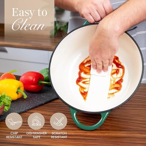 Nuovva Enamelled Cast Iron Dutch Oven Pot with Lid-6.4 Quart Non Stick Casserole Pot-Heavy Duty & Oven Safe up to 500° F for Bread Baking, Braising, Stews, Roasting - 28cm Dark Green