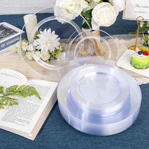 FLOWERCAT 200PCS Clear Plastic Plates Disposable Plates for Party - Clear Bulk Plastic Plates - 100 10" Dinner Plates and 100 7" Salad Plates for Weddings, New Year,Christmas Parties and Events