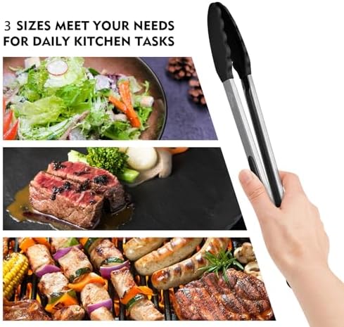 HOTEC Premium Stainless Steel Locking Kitchen Tongs with Silicon Tips, Heat Resistant Cooking Tongs Set of 3-7", 9" and 12", Black
