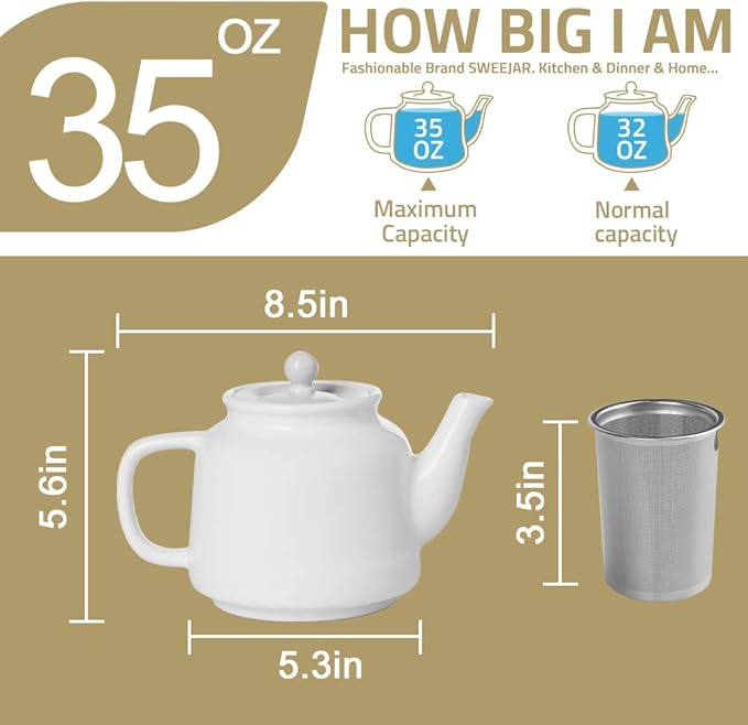 Sweejar 35 oz Porcelain Tea Pot, Teapot with Removable 18/8 Stainless Steel Infuser, Microwave & Dishwasher Safe Tea Maker, Tea Infuser Pots for Blooming loose Leaf Tea,Chrismas Women Gift (Pink)