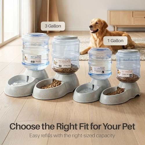 Flexzion Automatic Pet Feeder & Waterer Set of 2 Pack, Self Feeding Replenish Dog Cat Bowls, Gravity Food & Water Storage Container Fountain Jug Pet Supplies Plastic Skid Proof Rubber Feet (1 Gallon)