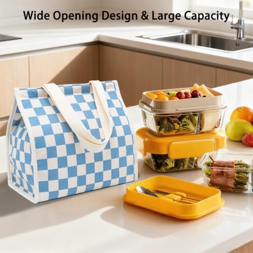 Insulated Lunch Bag for Work, 10.2"x5.9"x10.2" Oxford Waterproof Lunch Tote, Thermal Lunch Box for Office, Picnic & Outdoor, Striped Canvas Tote Bag -Check Blue