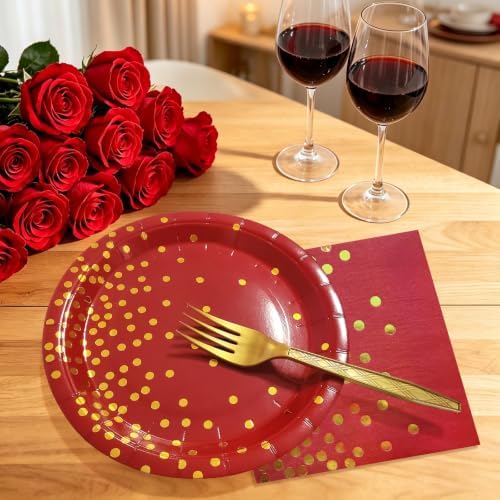 Red and Gold Paper Plates Napkins Party Supplies,Serves 35 Guests