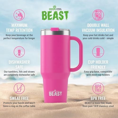 Beast 50 oz Tumbler with Handle Stainless Steel Vacuum Insulated Coffee Ice Cup Double Wall Travel Flask (Cupcake Pink)