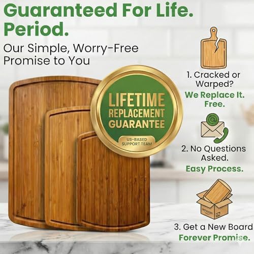 LUXURIOUS Bamboo Cutting Board 3-Piece Set with Carbonized Vertical Grain Strength Technology - Extra Large Wooden Cutting Boards for Kitchen with Deep Juice Grooves - Lifetime Replacements