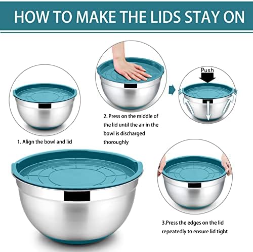 P&P CHEF Stainless Steel Mixing Bowls With Lids, Set of 6, Blue
