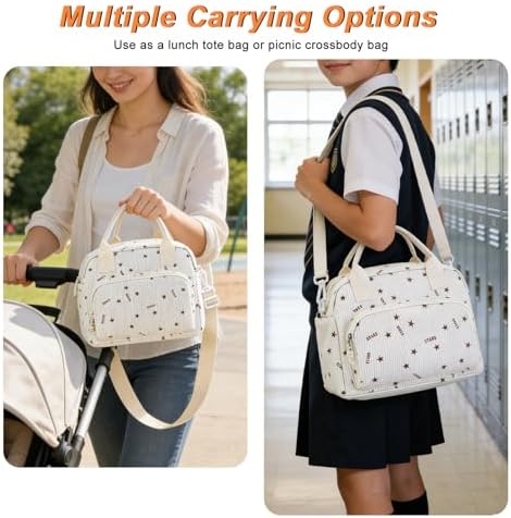 Mziart Lunch Box for Women Men, Large Cute Insulated Lunch Bag Leakproof Thermal Lunchbox Cooler Tote Bags with Adjustable Strap for Work Picnic Travel (Beige Stars)