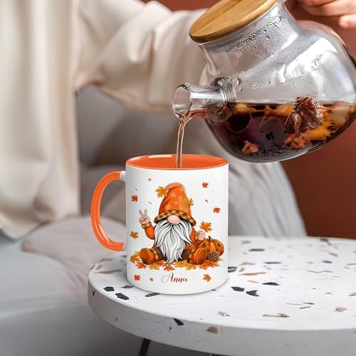 Hyturtle Personalized Fall Gnome Mug - Autumn With Pumpkin Maple Leaf - Custom Name Coffee Cup Ceramic 11oz 15oz - Gifts for Women - Fall Thanksgiving Decor - Birthday