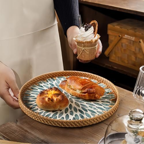 Round Rattan Tray with Mother of Pearl Inlay, Wooden Base