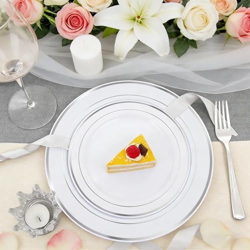 FLOWERCAT 60PCS Silver Plastic Plates - Heavy Duty White and Silver Plastic Plates Disposable - Include 30PCS 10.25inch Dinner Plates and 30PCS 7.5inch Dessert Plates for Fall Wedding&Birthday Party