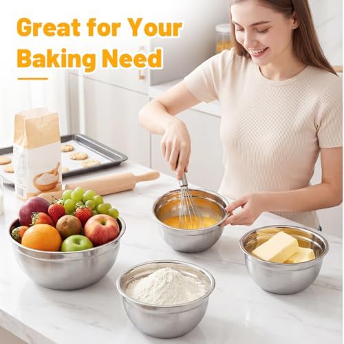 Beasea Stainless Steel Mixing Bowl Set of 3, 2 QT Stackable Metal Mixing Bowls with Lids for Baking, Prepping, Serving, Stainless Nesting Bowl with Black Lids for Kitchen, Salad, Dough