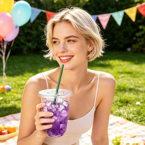 Qinsihwn 50 Set 16oz Plastic Cups with Flat Lids and Straws,Round Bottom Clear Drinking Cups,Disposable Plastic Iced Coffee Cup for Cold Beverages,Milkshakes,Smoothies