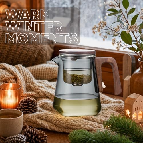 25oz Magnetic Glass Teapot with Removable Infuser, Borosilicate Glass Tea Kettle with Walnut Wood Handle, Loose Leaf Tea Pot for Home Office, Ideal Gift for Tea Lovers