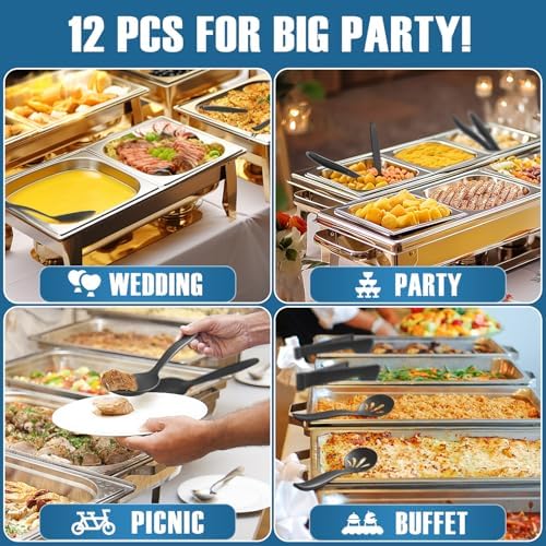 Reusable Plastic Salad Serving Utensils of 12, 10" Wheat Straw Large Salad Server Set Spoons/Slotted Spoons/Sporks, for Party Buffet Catering (Black, Not for Cooking)
