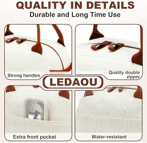 LEDAOU Lunch Box for Women Insulated Lunch Bag Corduroy Lunch Tote Bags Leakproof Cooler Lunch Case for Travel Work Picnic (Corduroy beige)