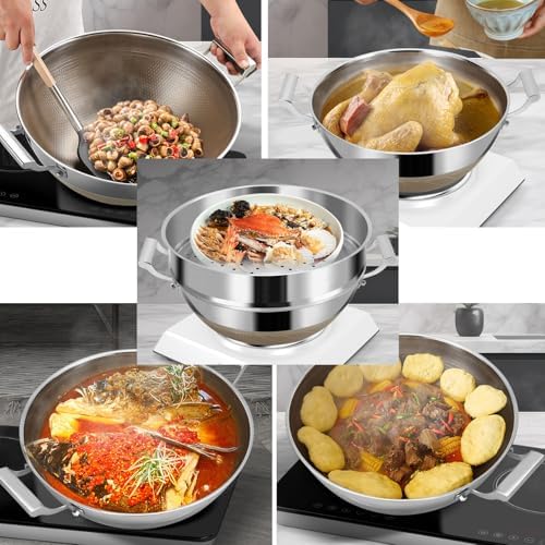 Titanium Hammered Wok with Double Handles, 2026 New Frying Pans Nonstick, Non-Stick Wok, Scratch-Resistant Non Stick Titanium Pans for Cooking,With lid,15.74in