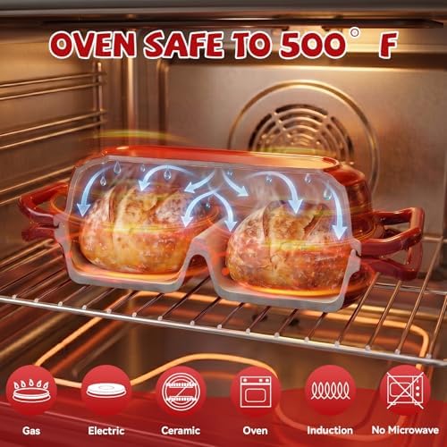 Double Dutch Oven Pot with Lid, 2.2QT Enameled Cast Iron Bread Loaf Pan, Mini Dutch Oven For Sourdough Bread Baking, 500°F Oven Safe Non Stick Dual Round Bread Pan, Bread Oven, 16.5cm Diameter, Red
