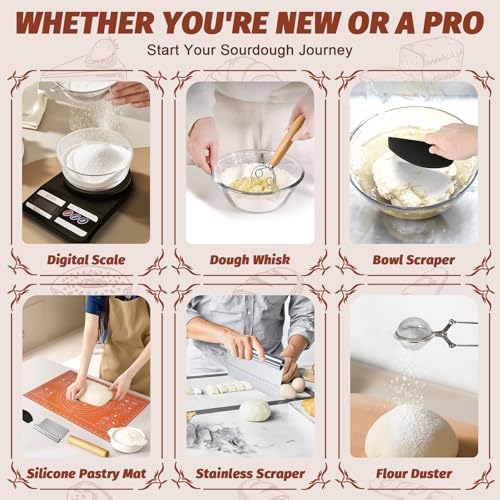 EWFEN Sourdough Starter Kit with Enamel Cast Iron Pot, Complete Sourdough Bread Baking Supplies, Round & Oval Bread Proofing Basket with 34 Oz Starter Jar, Bread Making Tools Kit