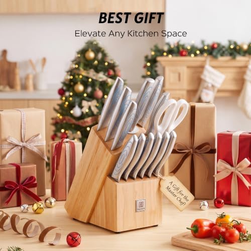 PAUDIN Knife Set, 14 Piece Knife Block Set with Unique Water Ripple Handles