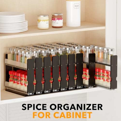 SpaceAid Bamboo Pull Out Spice Rack Organizer for Cabinet, Heavy Duty Slide Out Seasoning Kitchen Pantry Sliding Vertical Organization, 7.6" Wide, 3 Drawers(2" Wide), 2-Tier, Black