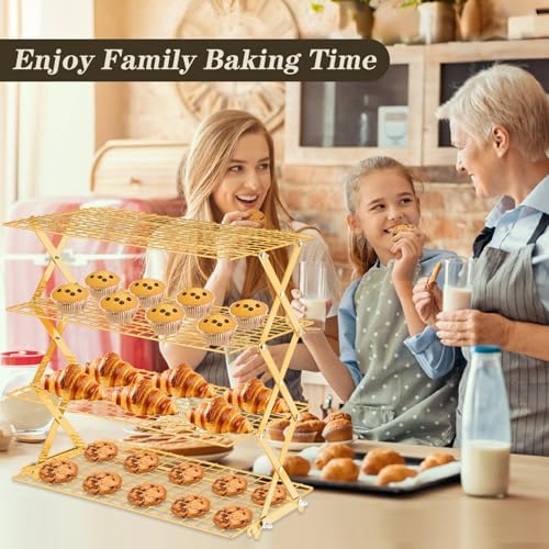 Pleafind 4 Tier Gold Collapsible Cooling Rack - 3 Setting Design, Adjustable & Stackable Baking Rack, 5 Modes Cooling Racks for Cooking and Baking, Roasting & Grilling Gifts for Picnic Party