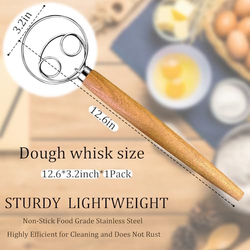 Danish Dough Whisk - Dough Bread Whisk, Sourdough Bread Baking Supplies for Cake Bread Pizza Pastry Biscuits, Wooden Hand Stainless Steel Ring Sourdough Baking Dough Mixer(Acacia Wood)