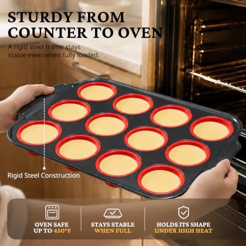 BRONYPRO Silicone Muffin Pans for Baking with Metal Frame, Egg Bite Molds, Cupcake Pans 12 Regular Size, Muffin Tins Easy to Pop Nonstick Non Toxic Bakeware for Oven, Red