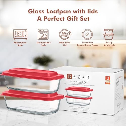 Razab 2 Pack 7.6 Cups / 1.9 Qt Glass Banana Bread Pan Set with Grip Handles