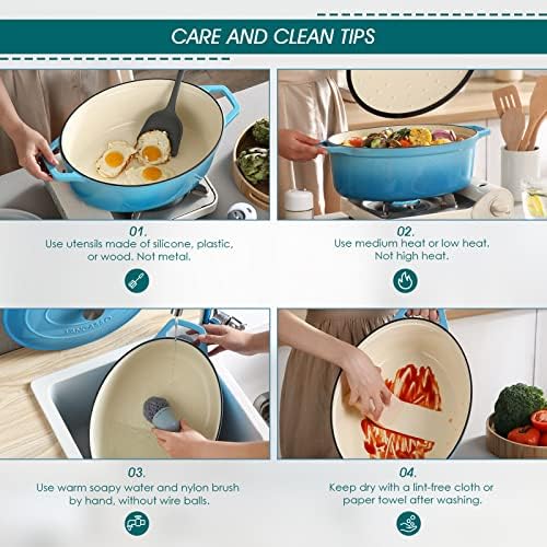 vancasso 9.3 Qt Oval Enameled Cast Iron Dutch Oven with Lid, Light Blue
