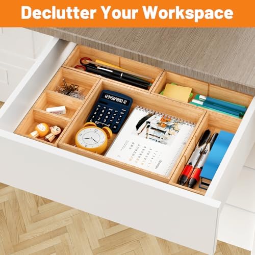 Bamboo Drawer Organizer, 10-Piece Stackable Trays with Removable Dividers