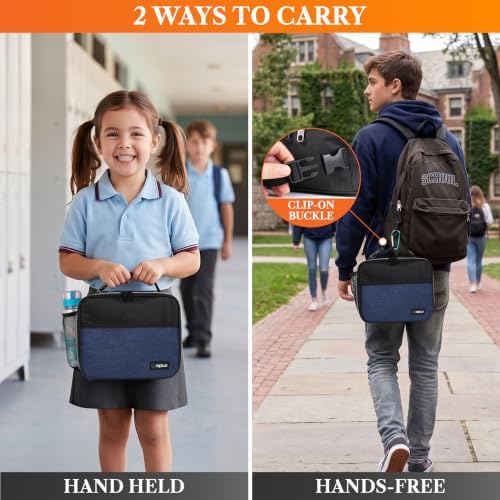 opux Insulated Lunch Bag for Kids, Reusable Lunch Box for School, Navy Blue
