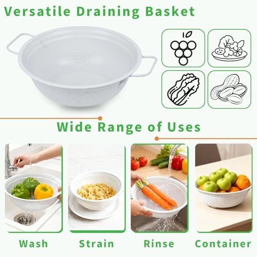White Stainless Steel Colander Set of 3, 2, 3 & 5 Quart Metal Kitchen Strainers with Handles and Non-Slip Feet, Pasta Drainer for Rinsing Rice, Fruits and Vegetables, Dishwasher Safe