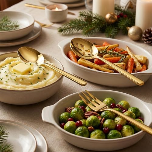 Serving Spoon x 2,Slotted Serving Spoon x 2,Serving Forks x 2,RTT 9 Inch Stainless Steel Catering Serving Utensils for Party Buffet Dinner Banquet Kitchen Basics (Golden Titanium Finish)